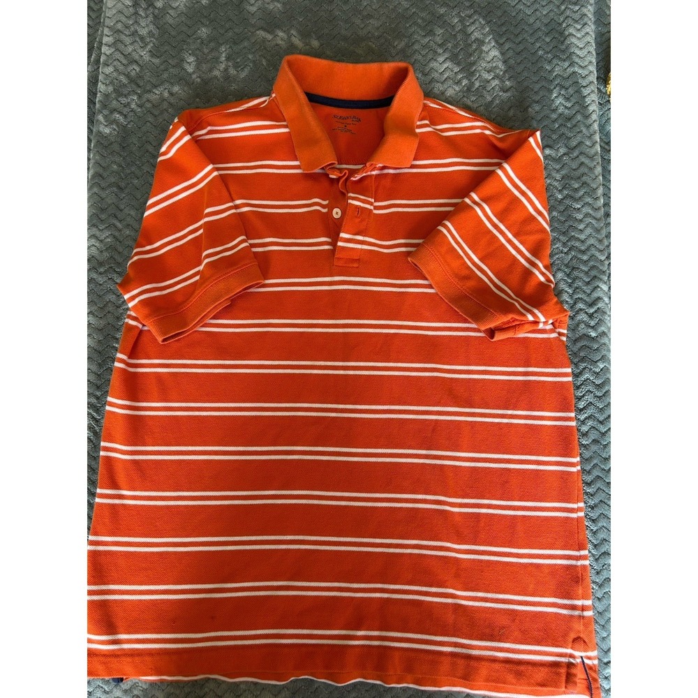 St Johns Bay Mens Heritage Pique Polo Shirt Orange White Striped Cotton‎ Medium